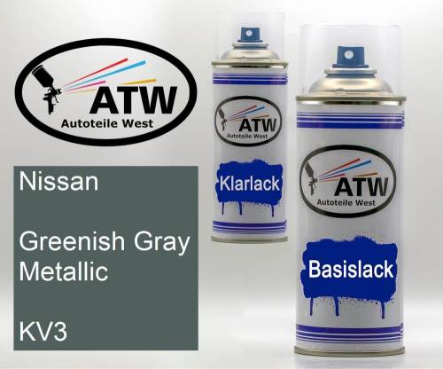 Nissan, Greenish Gray Metallic, KV3: 400ml Sprühdose + 400ml Klarlack - Set, von ATW Autoteile West.